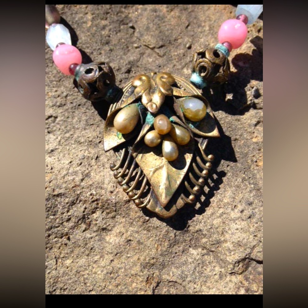 Vintage Handcrafted Necklace Made w/Antique Elements, Shells, Lapis glass Beads